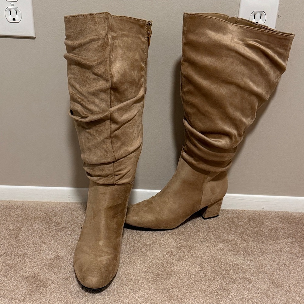 Over-the-Knee Slouch Suede Boots in Taupe - WIDE CALF